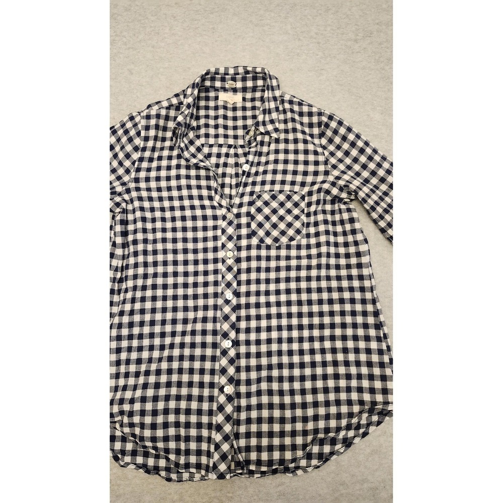 Cupio Shirt Womens Medium Navy White Gingham Long Sleeve Button Down Roll Tab